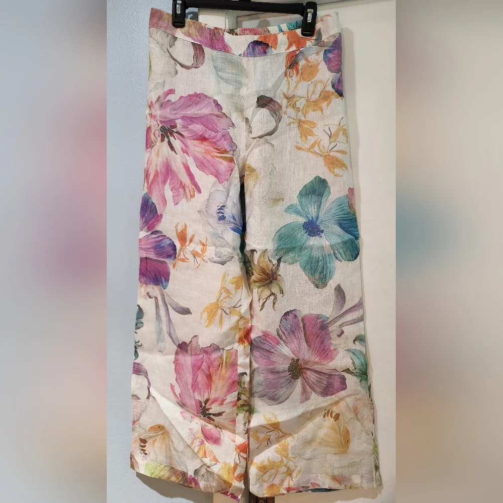 Women's 120% Lino Floral Linen Pants, Size 48 (XL) - Picture 1 of 10